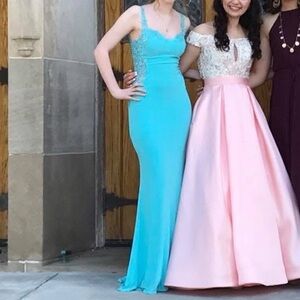 Blush Turquoise Lace Prom Dress